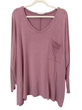 Zenana Pocket Tee Size Medium V Neck Long Sleeve Tunic Mauve Pink Everyday Wear